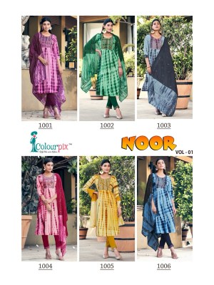 colourpix by noor vol 1 fancy shibbori print nyra cut kurti pant with dupatta ctalog at wholesale rate kurtis catalogs