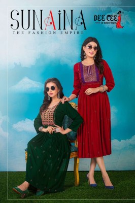 dee cee by the fashion empire printed kurti catalog  with neck work 