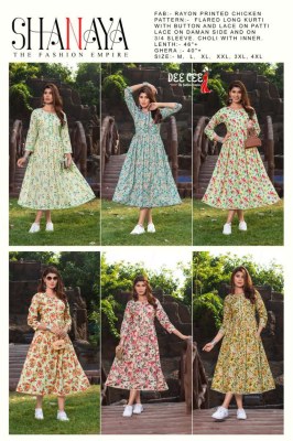 deecee by Shanaya flaired reyon printed chikan butti fabric kurti catalog at affordable rate kurtis catalogs