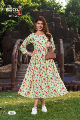 deecee by Shanaya flaired reyon printed chikan butti fabric kurti catalog at affordable rate kurtis catalogs