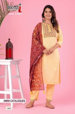 deecee by miss india straight side cut kurti with embroidered kurti pant and dupatta catalog at wholesale price readymade suit catalogs