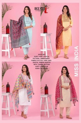 deecee by miss india straight side cut kurti with embroidered kurti pant and dupatta catalog at wholesale price readymade suit catalogs