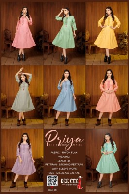 deecee by priya flax weaving stitching pattern with sleeve work rayon kurti catalog  kurtis catalogs