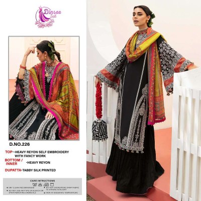 dinsaa suits new design no 226 super hit black heavy rayon embroidery work single pice Pakistani suits wholesale rate  pakistani suit catalogs