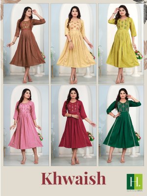 hiwa by Khwaish heavy bombay reyon ghera with embroidered kurti catalogue at low rate kurtis catalogs