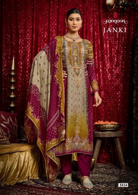 janki by Rangoon Pure Muslin Pure Digital Aari Work top bottom and dupatta collection with low rate wholesale catalogs