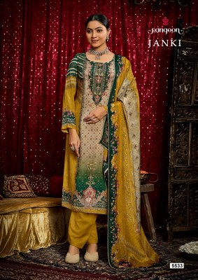 janki by Rangoon Pure Muslin Pure Digital Aari Work top bottom and dupatta collection with low rate readymade suit catalogs