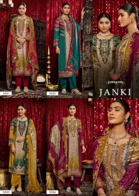 janki by Rangoon Pure Muslin Pure Digital Aari Work top bottom and dupatta collection with low rate readymade suit catalogs