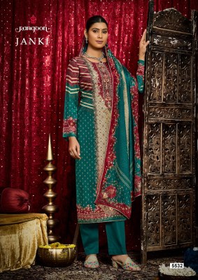 janki by Rangoon Pure Muslin Pure Digital Aari Work top bottom and dupatta collection with low rate readymade suit catalogs