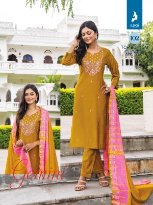 jemini by Kaya super quality roman silk kurti pant and dupatta catalogue at amavi expo readymade suit catalogs