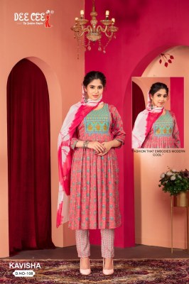 kavisha by deecee long flared capsuale printed kurti pant and dupatta catalogue at low rate readymade suit catalogs