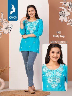 kaya kurti by miss world reyon embroidered short top catalogue at low rate western wear catalogs