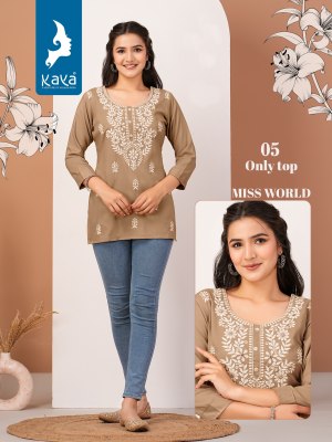 kaya kurti by miss world reyon embroidered short top catalogue at low rate western wear catalogs