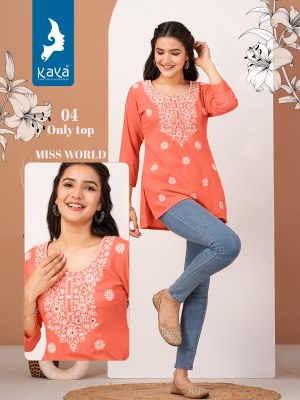 kaya kurti by miss world reyon embroidered short top catalogue at low rate western wear catalogs