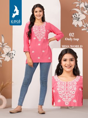 kaya kurti by miss world reyon embroidered short top catalogue at low rate western wear catalogs