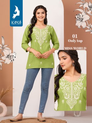 kaya kurti by miss world reyon embroidered short top catalogue at low rate western wear catalogs