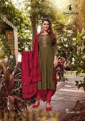 ladies flavour by surabhi vol 1 heavy reyon weaving designe with heavy embroidery work  kurti pant and dupatta catlog at wholesale price kurtis catalogs