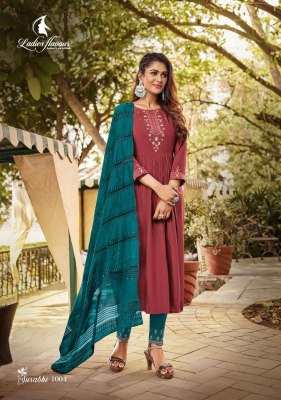 ladies flavour by surabhi vol 1 heavy reyon weaving designe with heavy embroidery work  kurti pant and dupatta catlog at wholesale price kurtis catalogs