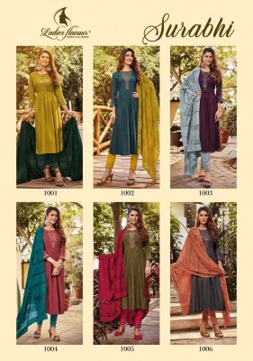 ladies flavour by surabhi vol 1 heavy reyon weaving designe with heavy embroidery work  kurti pant and dupatta catlog at wholesale price kurtis catalogs