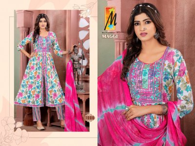 master new Maggi Nyra cut Top  Pant Dupatta set catalogue wholesale  kurtis catalogs