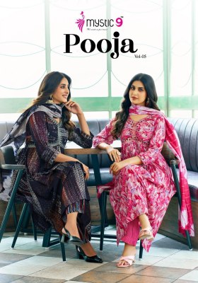 pooja vol 5 by Mystic 9 Heavy foil printed embroidered aliya cut readymade suit catalogue at affordable rate Mystic 9