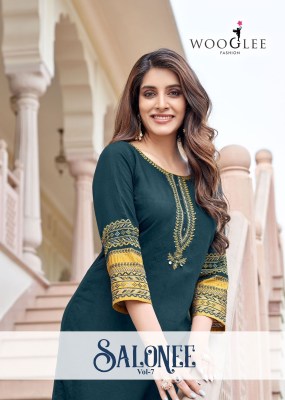 salonee vol 7 by Wooglee Heavy Reyon Thread Work Long Kurti catalogue at Low rate wholesale catalogs