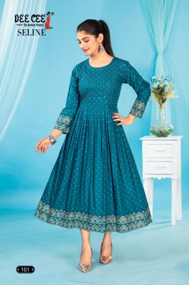 seline by deecee screen printed reyon plain flared long kurti catalogue  Dee cee