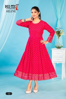 seline by deecee screen printed reyon plain flared long kurti catalogue  kurtis catalogs