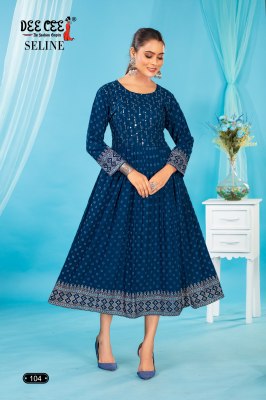 seline by deecee screen printed reyon plain flared long kurti catalogue  kurtis catalogs