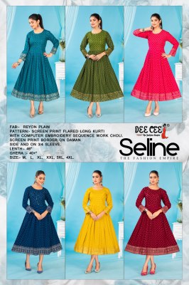 seline by deecee screen printed reyon plain flared long kurti catalogue  kurtis catalogs