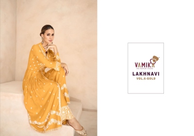 vamika by lakhnavi vol 6 gold heavy reyon designer embroidered readymade sharara suit catalog at wholesale price readymade suit catalogs