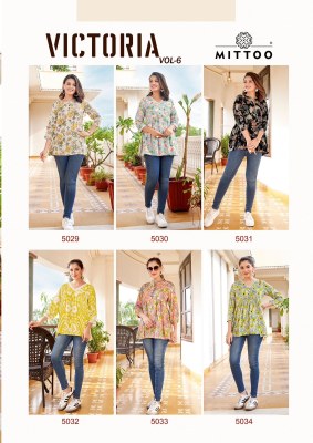 victoria vol 6 by Mittoo reyon printed fancy short top catalogue at affordable rate readymade suit catalogs