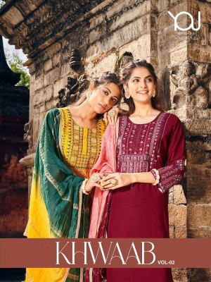 wanna new launch Khwaab Vol 2  Fancy Rayon Dobby Thread Work Kurti With Sleeves work  Pant  Dupatta Catalogue kurtis catalogs