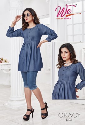 women ethnics by gracy denim fabric fancy western tunic style top catalogue at wholesale rate western wear catalogs